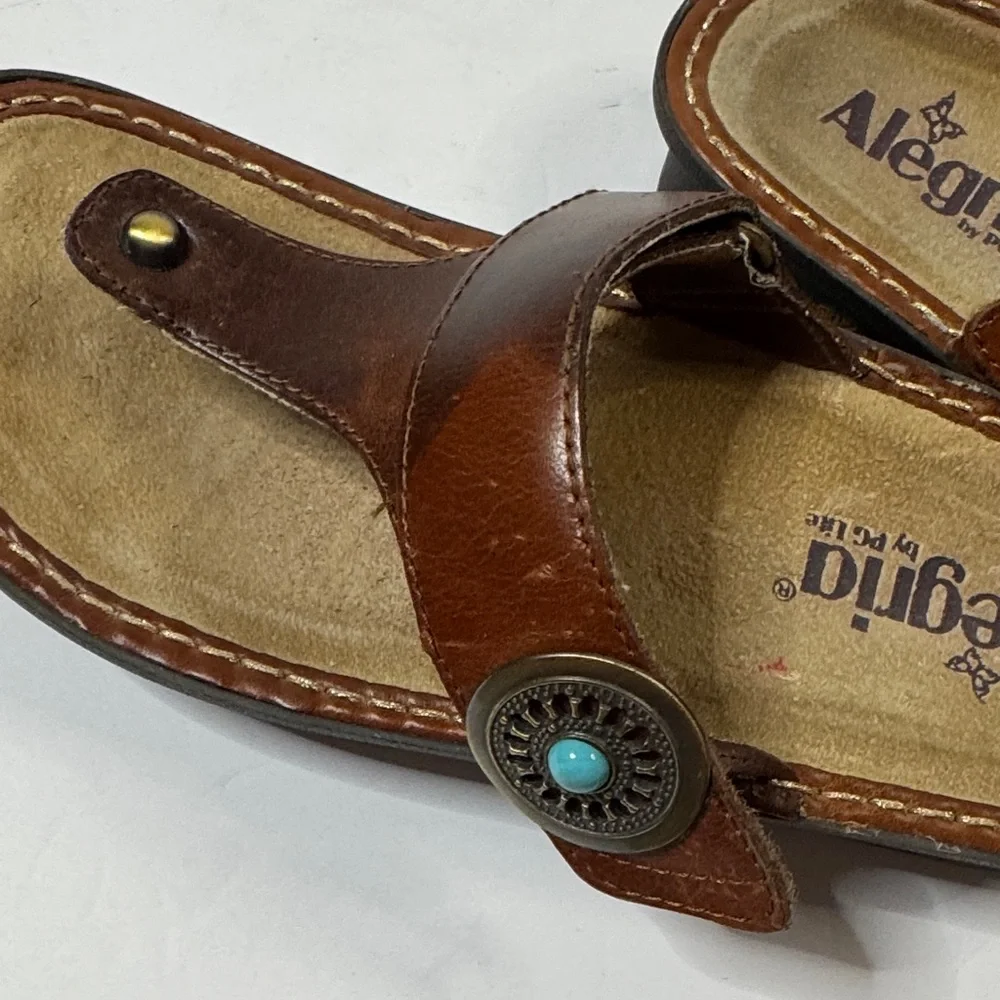 Alegria Carina Brown Leather Thong Sandals with Turquoise Detail